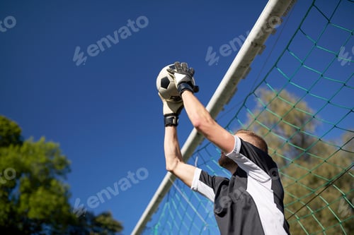 Preview: goalkeeper with ball at football goal on field