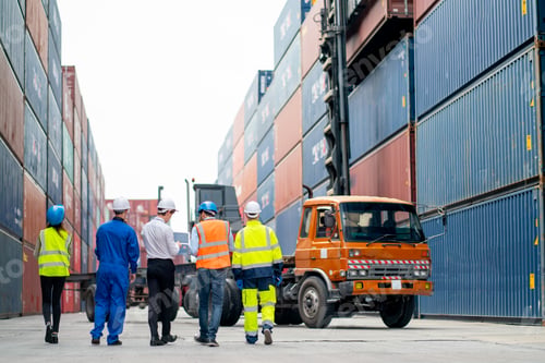 Preview: Back of professional engineer, worker or technicians walk and discuss together about work
