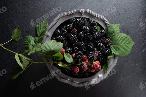 Preview: A full plate of the ripe blackberries,a sprig of red berries on a pewter bowl