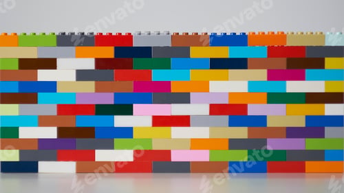 Preview: plastic building block. plastic brick wall. Wall from Plastic building blocks isolated.