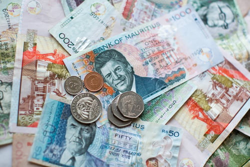 Preview: Mauritius money. Mauritius Rupee notes and coins close up
