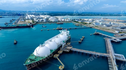 Preview: LNG (Liquified Natural Gas) tanker anchored in Gas terminal gas tanks for storage.