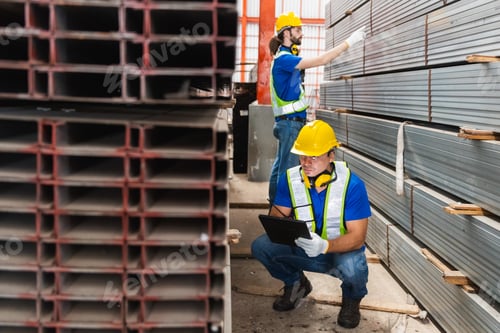Preview: Worker wearing safety uniform using digital tablet inspect product iron metal on shelves in warehous