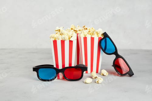 Preview: Popcorn, 3D glasses for cinema time on grey background