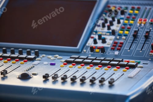 Preview: Professional audio mixer console detail. Sound equipment. Live event