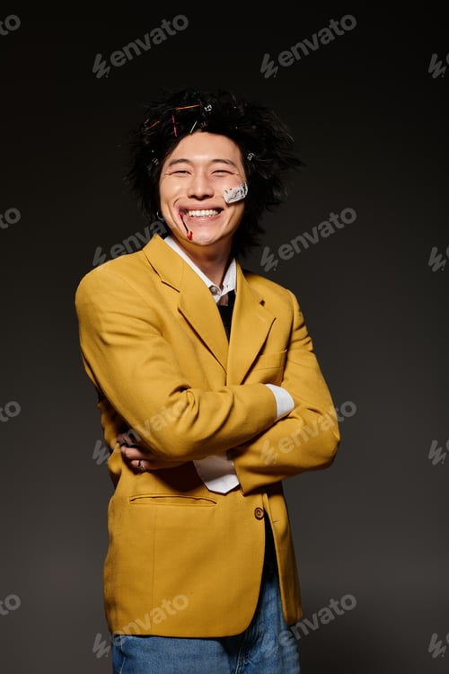Preview: Stylish spring fashion shoot featuring an asian man expressing joy in a studio setting