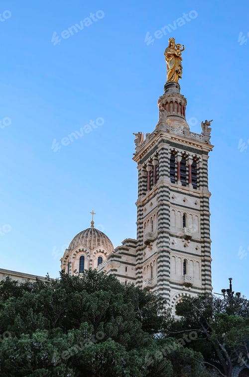 Preview: View of Notre Dame de la Garde on top of hill in Marseille. Basilica of Our Lady of Guard with