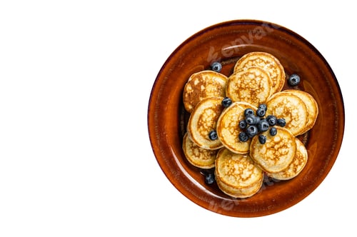 Preview: Plate with pancakes with fresh blueberries and syrup . High quality Isolate, white background.