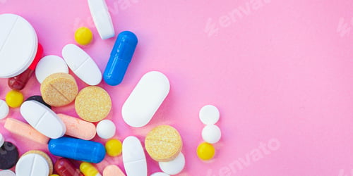 Preview: Pills, Different Pills And Drugs To Treat And Increase Immunity, Medical Preparations. Background