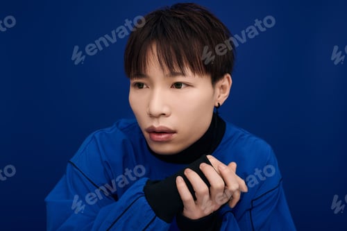Preview: Captivating young asian man gazing thoughtfully against a deep blue backdrop