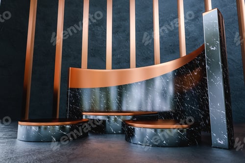 Preview: Black marble stand with golden details for product presentation. Elegant and modern scene