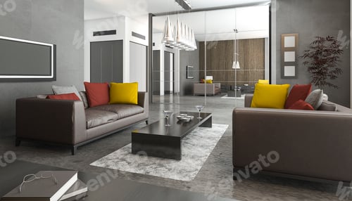 3d rendering leather sofa and colorful pillow in loft living room