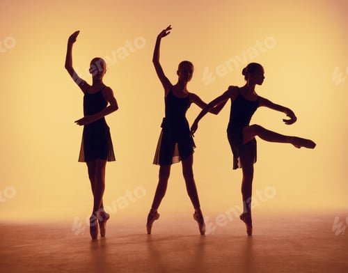Preview: Composition From Silhouettes Of Three Young Dancers In Ballet Poses On A Orange Background.