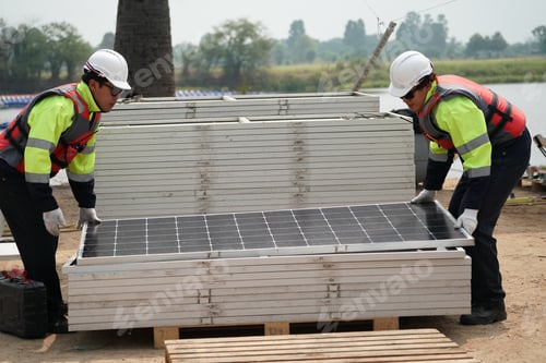 Preview: Renewable Energy Eco Technology Electric Power. Floating solar panels on lake.
