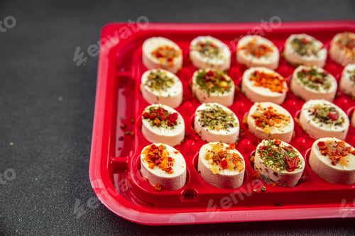 Preview: cheese appetizer soft cheese with herbs and tomatoes pieces fresh tasty food dish delicious gourmet