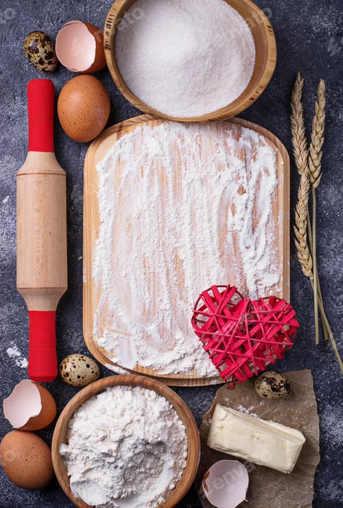 Preview: Ingredients for baking. Egg, flour, sugar and butter