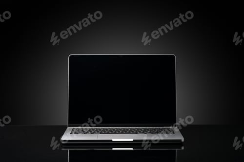 Preview: Open laptop with black screen against black background