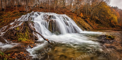 Preview: Waterfall Flowing in Autumnal Forest with Color