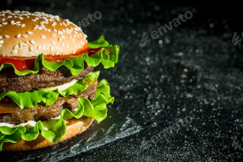 Preview: Burger with beef and vegetables.