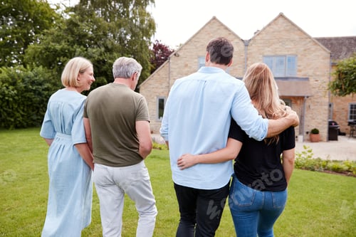 Preview: Rear View Of Family With Senior Parents And Adult Offspring Walking And Talking In Garden Together