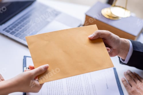Preview: Businessman refusing money that comes with agreement paper, Anti bribery, businessman taking bribes