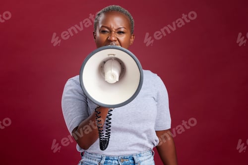 Preview: Megaphone, noise and woman in studio for vote, voice and message of change, transformation and demo