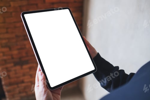 Preview: Mockup image of a woman holding digital tablet with blank white desktop screen