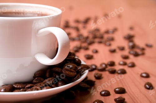 Preview: Coffee Cup and Beans on Wood Table