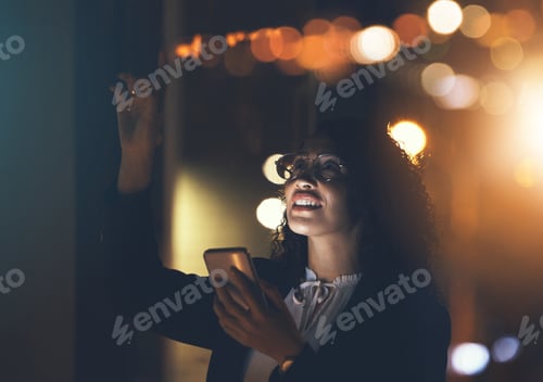 Preview: Business woman, phone and night in dark office for communication, network connection and trading. E