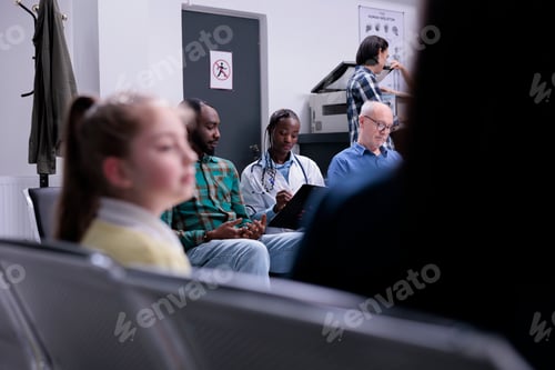 Preview: Diverse people waiting in private clinic while hospital medic is asking medical questions