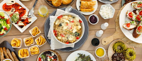 Preview: Different tasty food for brunch on wooden table, flat lay. Banner design