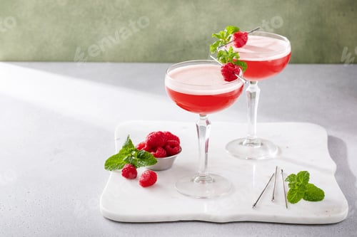 Preview: Raspberry martini in coupe glasses garnished with fresh raspberries and mint