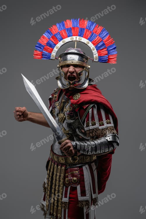 Preview: Screaming roman soldier dressed in steel armor and plumed helmet