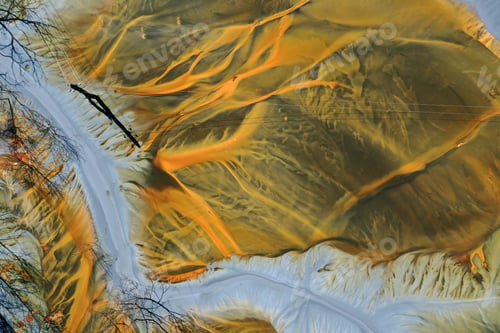 Preview: Aerial view of acid mine water drainage flow, toxic mine waters polluting the environment
