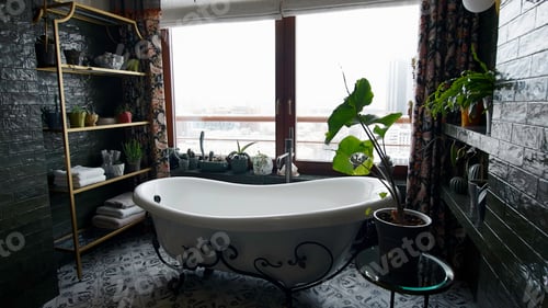 Preview: Modern contemporary dark bathroom with natural light and many green plants. Creative. Cozy apartment