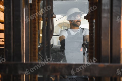 Preview: Arab warehouse worker driving forklift carrying lumber cargo
