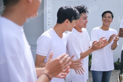 Preview: Volunteers Gen Z Team Clapping Hands Together To Celebrating Success After Donation Event