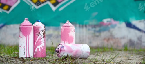 Preview: A few used paint cans lie on the ground near the wall with a beautiful graffiti painting in pink and