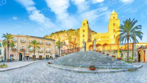 Preview: Amazing evening view on Cathedral-Basilica of Cefalu or Duomo di Cefalu and square Piazza del Duomo