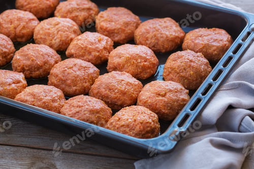 Preview: Raw beef and pork meat cutlets, cooking at home