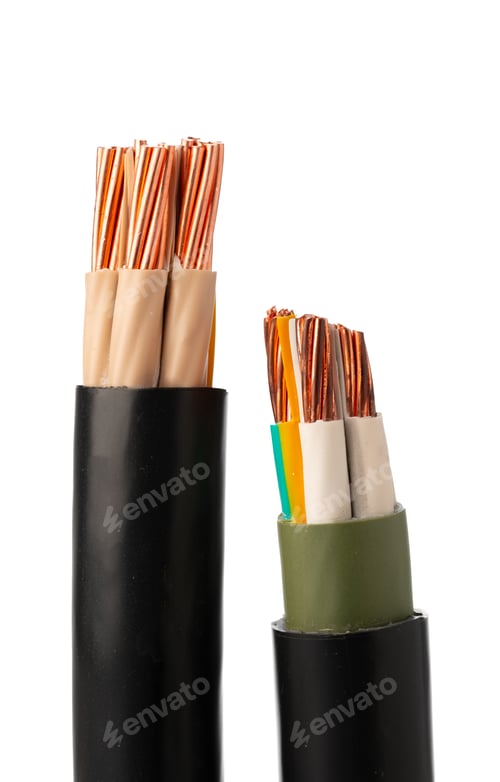 Preview: Close Up of Black Insulated Electrical Cables With Exposed Copper Wire
