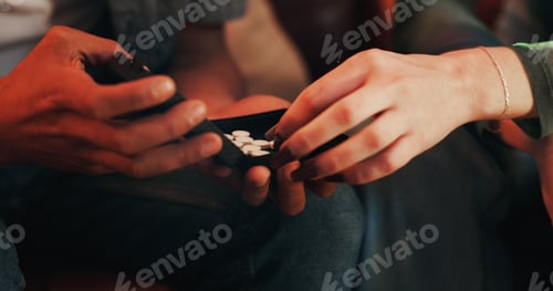 Preview: Drug, addiction and hands of people with pills for illegal, narcotics and problem with substance ab