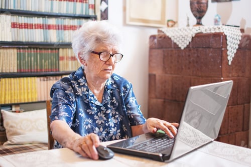 Preview: Grey-haired senior woman using laptop at home.