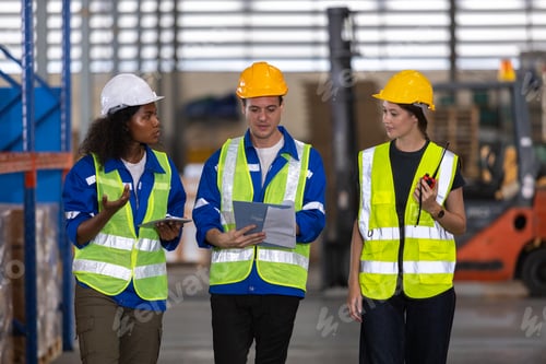 Preview: Warehouse worker chatting walk around and inspect working logistics.