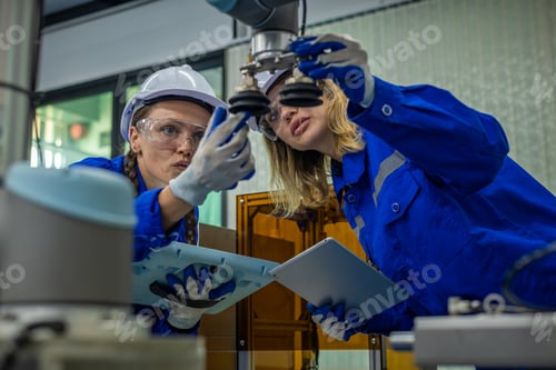 Preview: Engineer factory industry wearing safety uniform work and checking system of the welding robots for