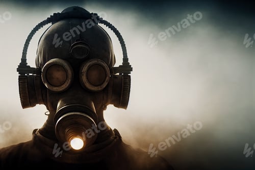 Preview: man with gas mask in apocalyptic post war environment