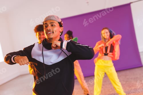 Preview: Image of group of group of diverse female and male hip hop dancers taking part in photo shot