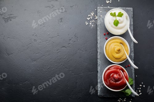 Preview: Set of three sauces - mayonnaise, mustard and ketchup in white ceramic bowls on black stone or concr