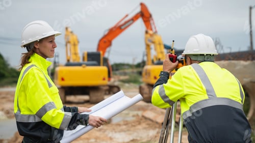 Preview: The survey team is using a theodolite and road construction plans.