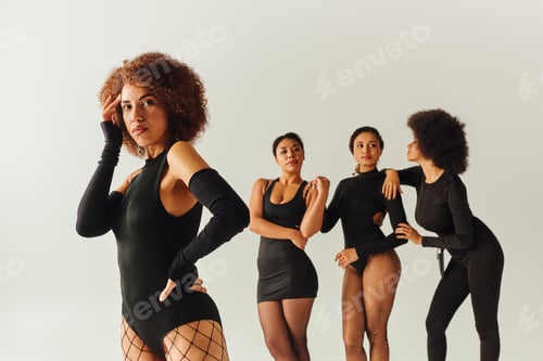 Preview: beautiful african american female friends posing together in sexy black attires, fashion concept